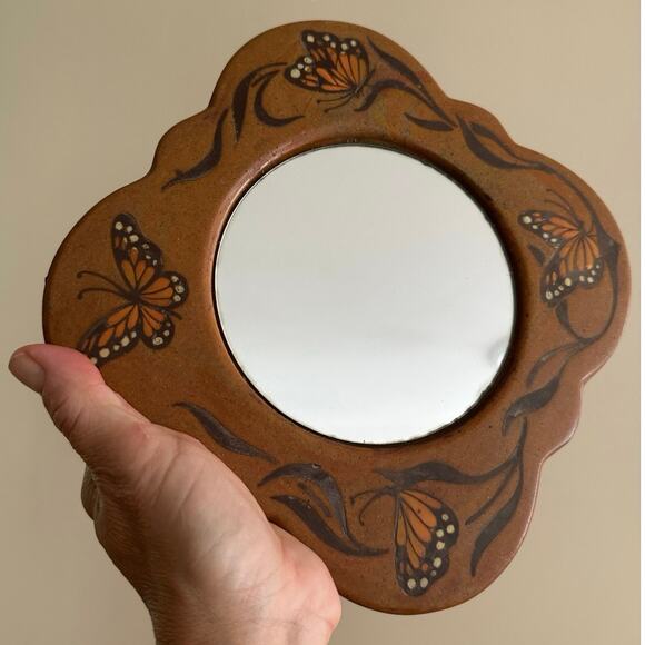 Vintage Wall Mirror pottery clay butterflies Heavy Stoneware Clay brown 9” hang - Picture 1 of 16